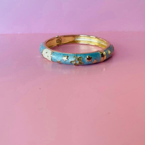 Vintage Green Enamel Kitty Cloisonné Bangle Size 5 - Picture 4 of 5